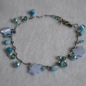 Avon Blue Cat Eye Floral Dangle Beaded Silver Tone Ankle Bracelet Like New